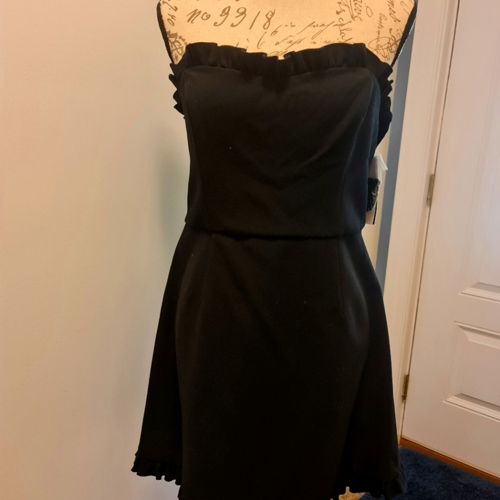 French Connection Black Strapless Mini Dress with Ruffle Trim